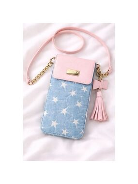 💖 Pink & Denim Star Phone Crossbody Bag | Tassel Mini Purse Cute Everyday